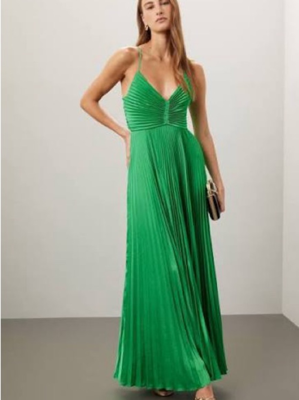A.L.C. Green Pleated V-Neck Maxi Dress